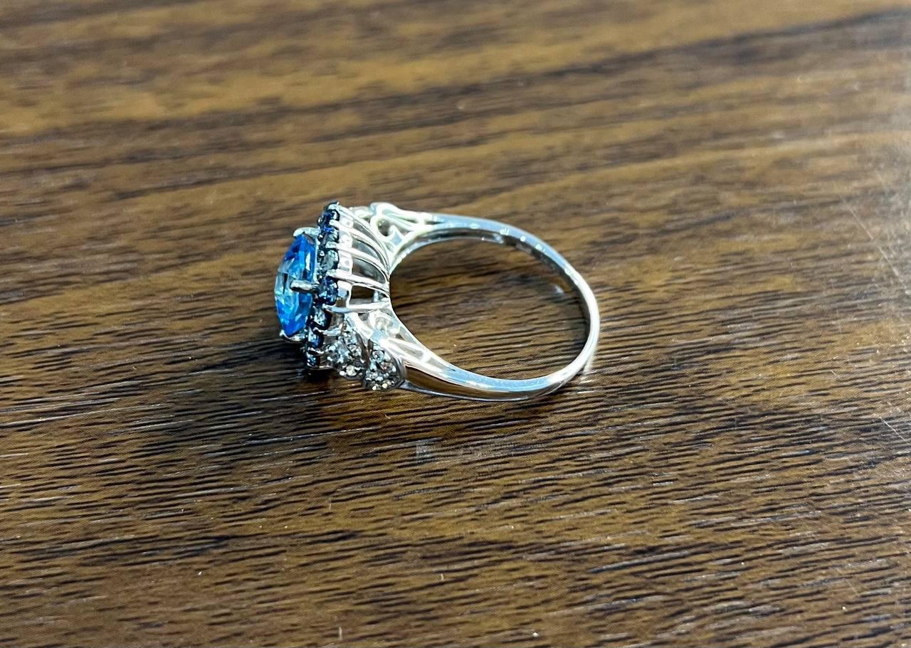 Cushion Shape Blue Topaz Halo Diamonds Pave 14K White Gold Unique Statement Ring In New Condition For Sale In Oakton, VA