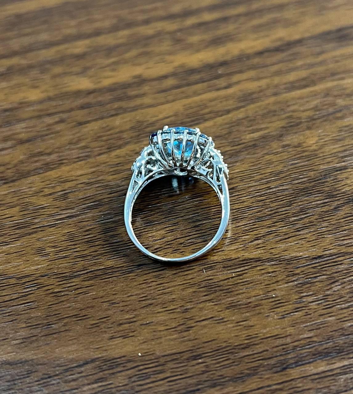 Women's Cushion Shape Blue Topaz Halo Diamonds Pave 14K White Gold Unique Statement Ring For Sale