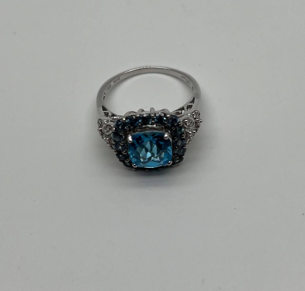 Cushion Shape Blue Topaz Halo Diamonds Pave 14K White Gold Unique Statement Ring For Sale 1