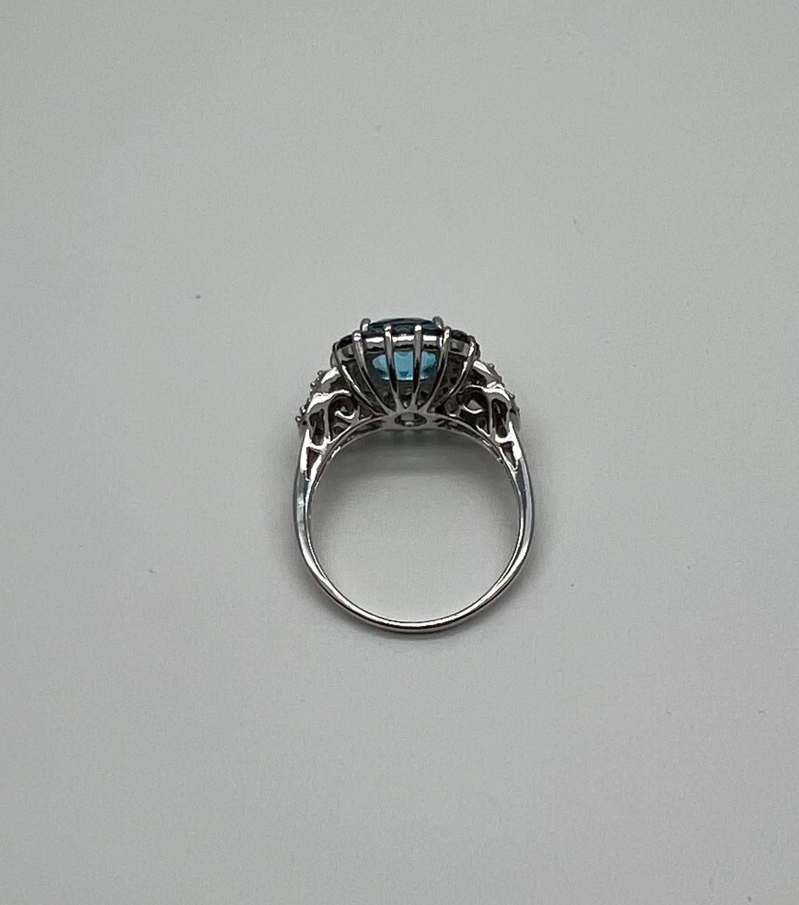 Cushion Shape Blue Topaz Halo Diamonds Pave 14K White Gold Unique Statement Ring For Sale 2