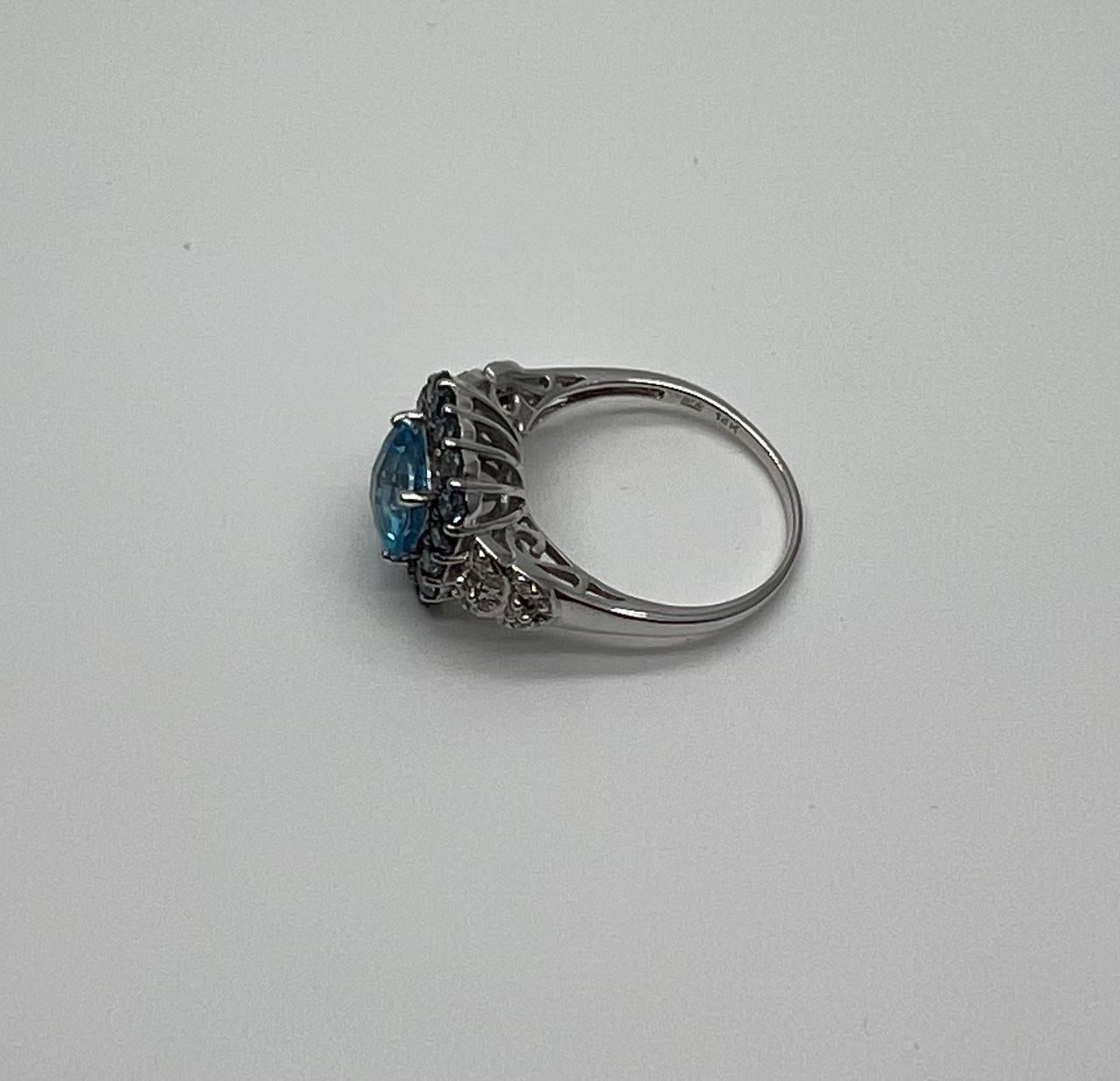 Cushion Shape Blue Topaz Halo Diamonds Pave 14K White Gold Unique Statement Ring For Sale 4