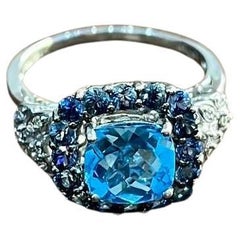 Cushion Shape Blue Topaz Halo Diamonds Pave 14K White Gold Unique Statement Ring