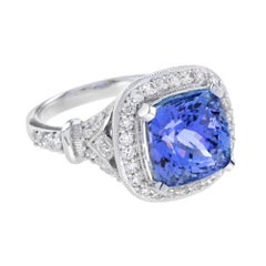 Cushion Shape Blue Violet Tanzanite & Diamond Halo Set 18K White Gold Ring
