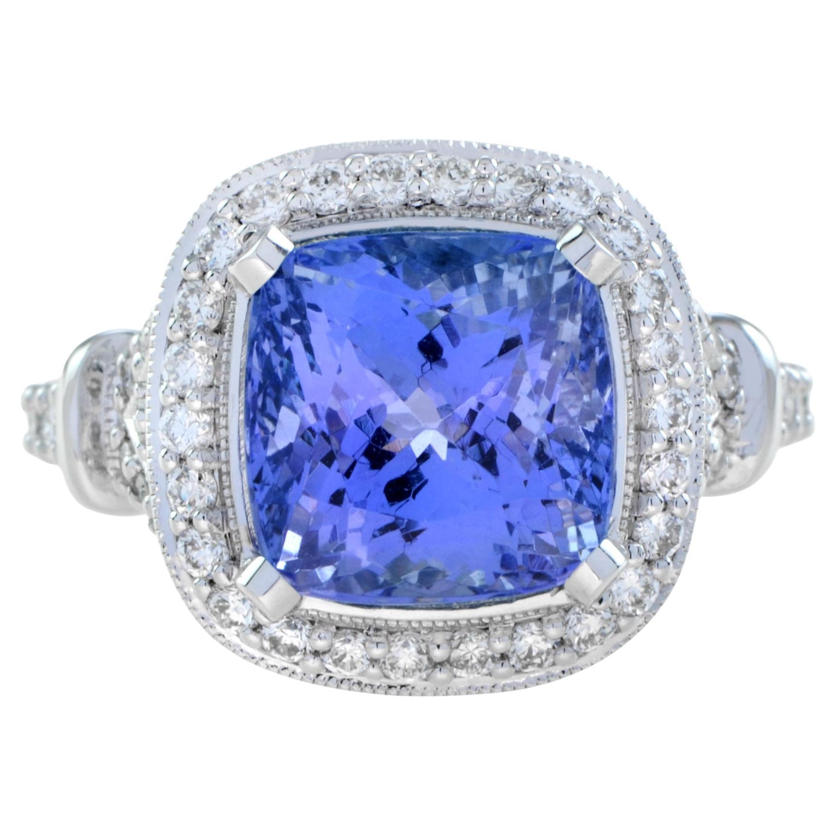 Cushion Shape Blue Violet Tanzanite & Diamond Halo Set 18K White Gold Ring