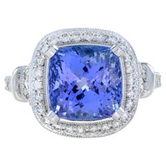 Cushion Shape Blue Violet Tanzanite & Diamond Halo Set 18K White Gold Ring