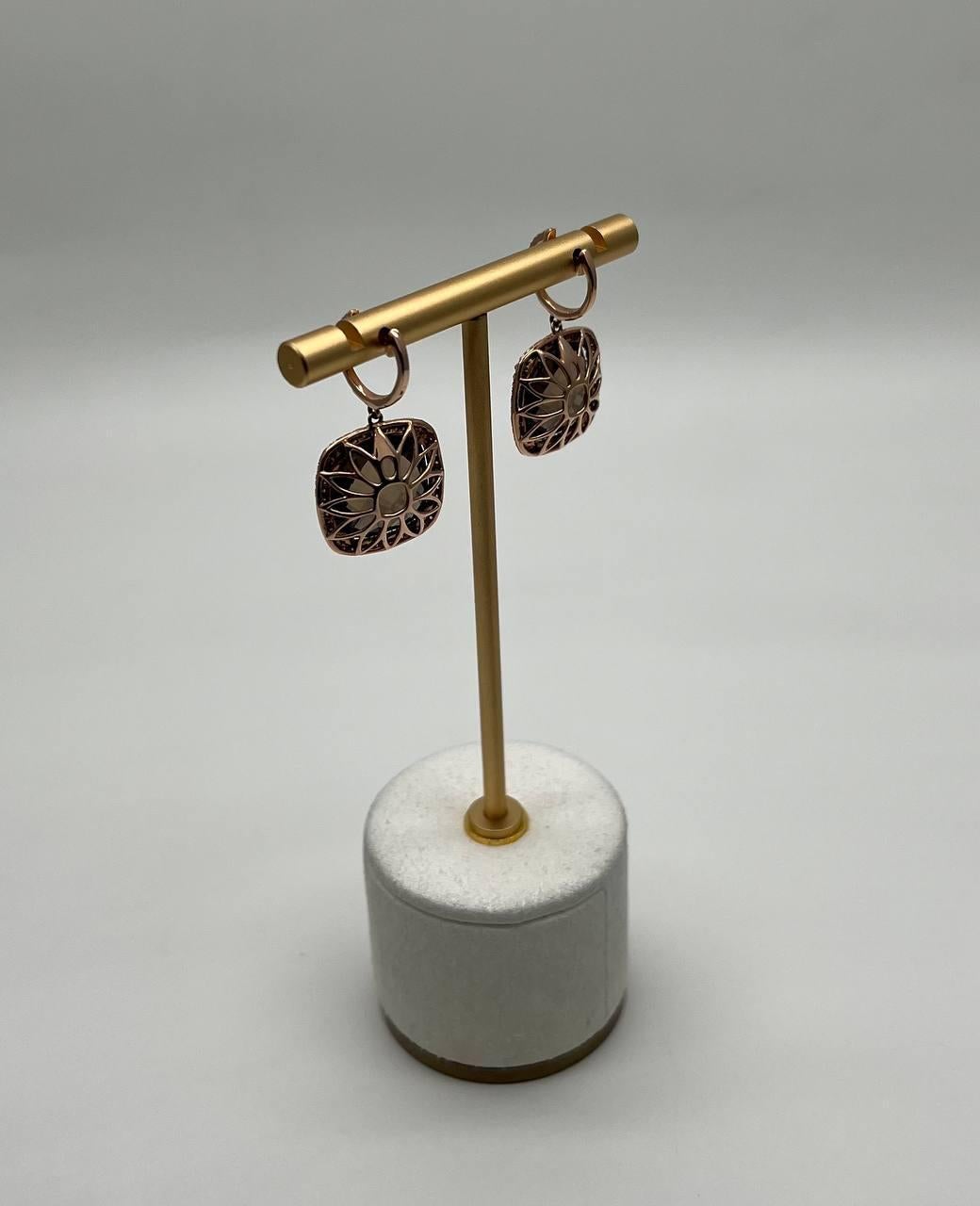 Orecchini a goccia a forma di cuscino in quarzo marrone fumé con diamanti incastonati in oro bianco 14K In condizioni Nuovo in vendita a Oakton, VA