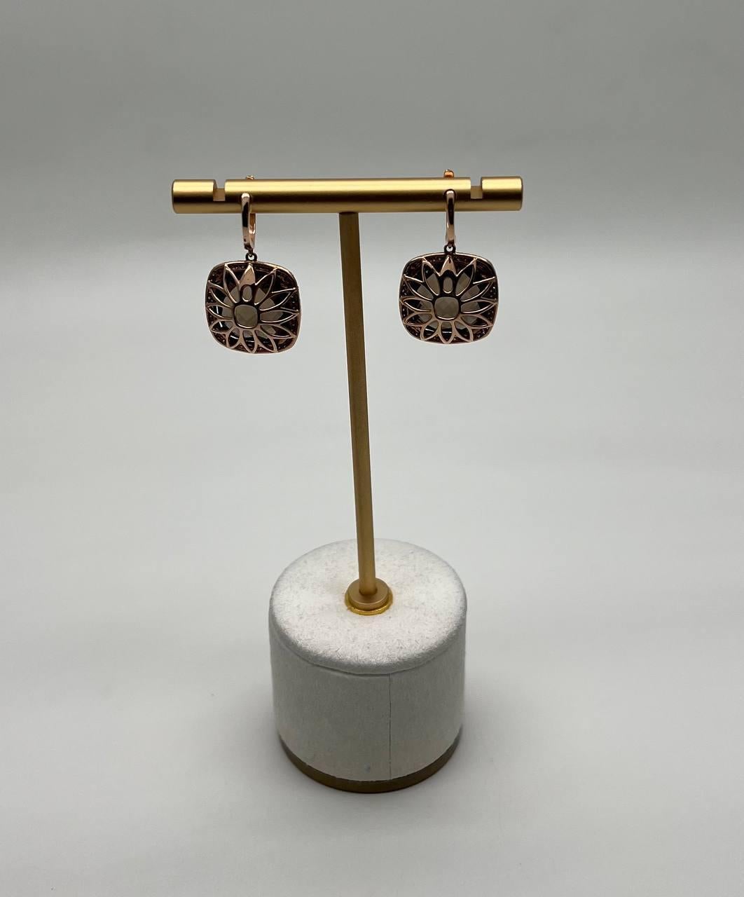 Donna Orecchini a goccia a forma di cuscino in quarzo marrone fumé con diamanti incastonati in oro bianco 14K in vendita