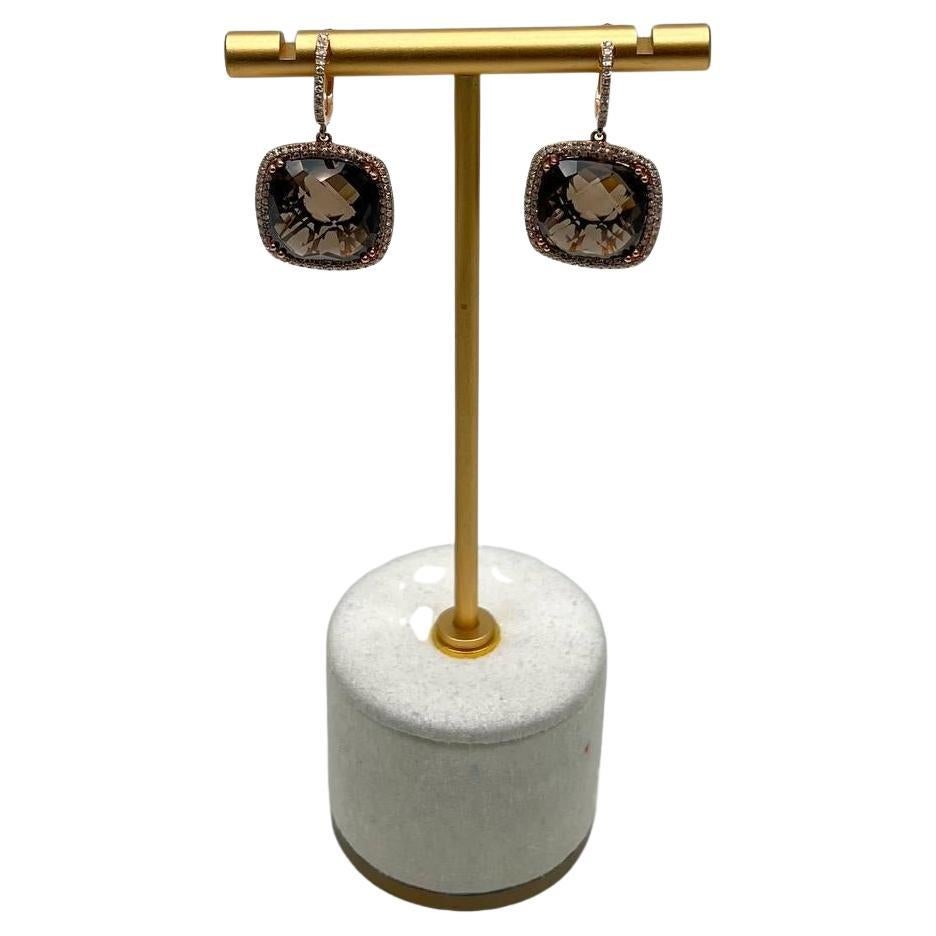 Cushion Shape Brown Smoky Quartz Diamond Halo Set 14K White Gold Drop Earrings