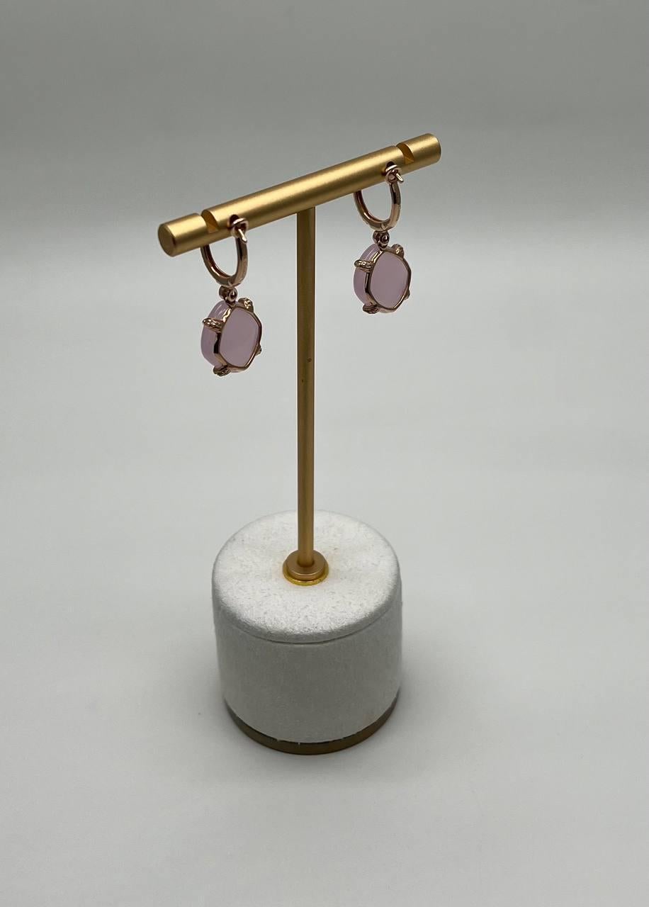 Cushion Shape Cab Pink Rose Quartz Diamond Accents 14K Yellow Gold Drop Earrings For Sale 5