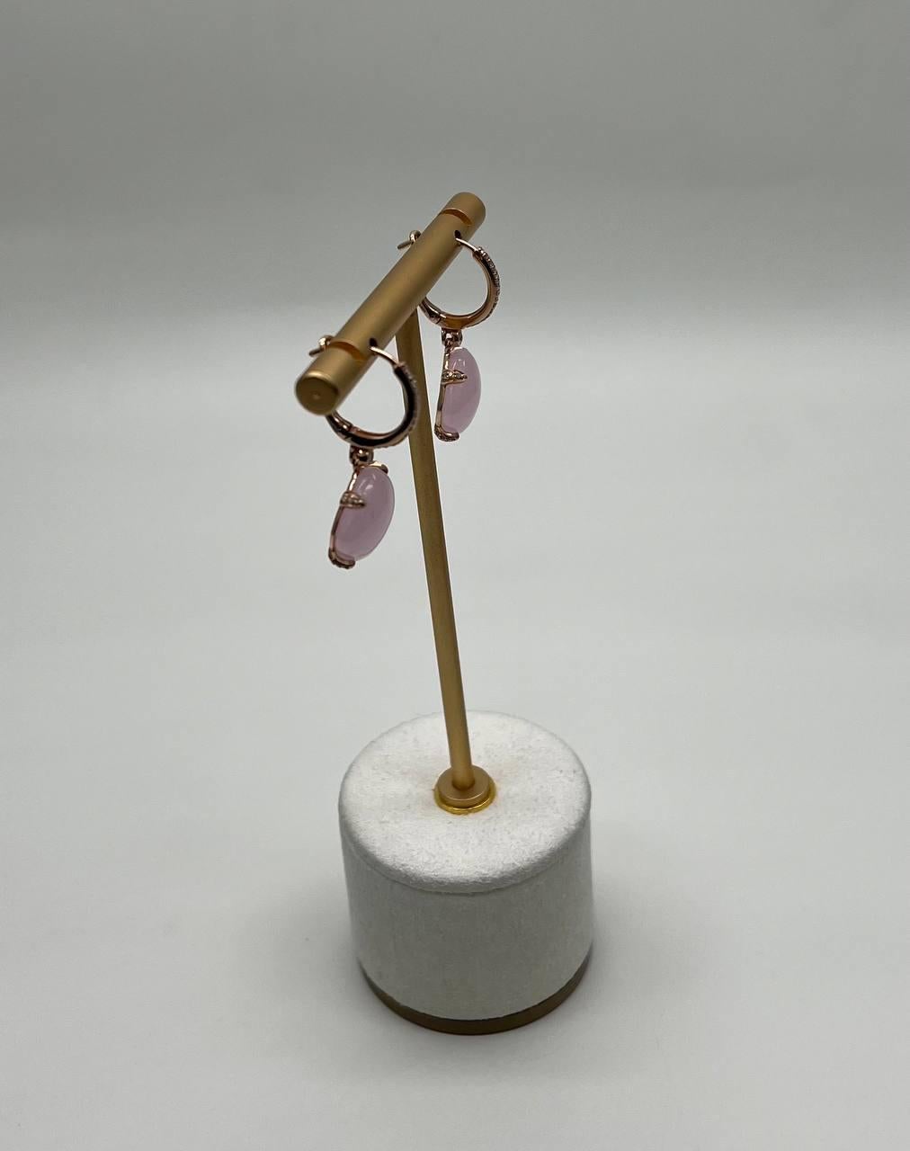 Cushion Shape Cab Pink Rose Quartz Diamond Accents 14K Yellow Gold Drop Earrings For Sale 6
