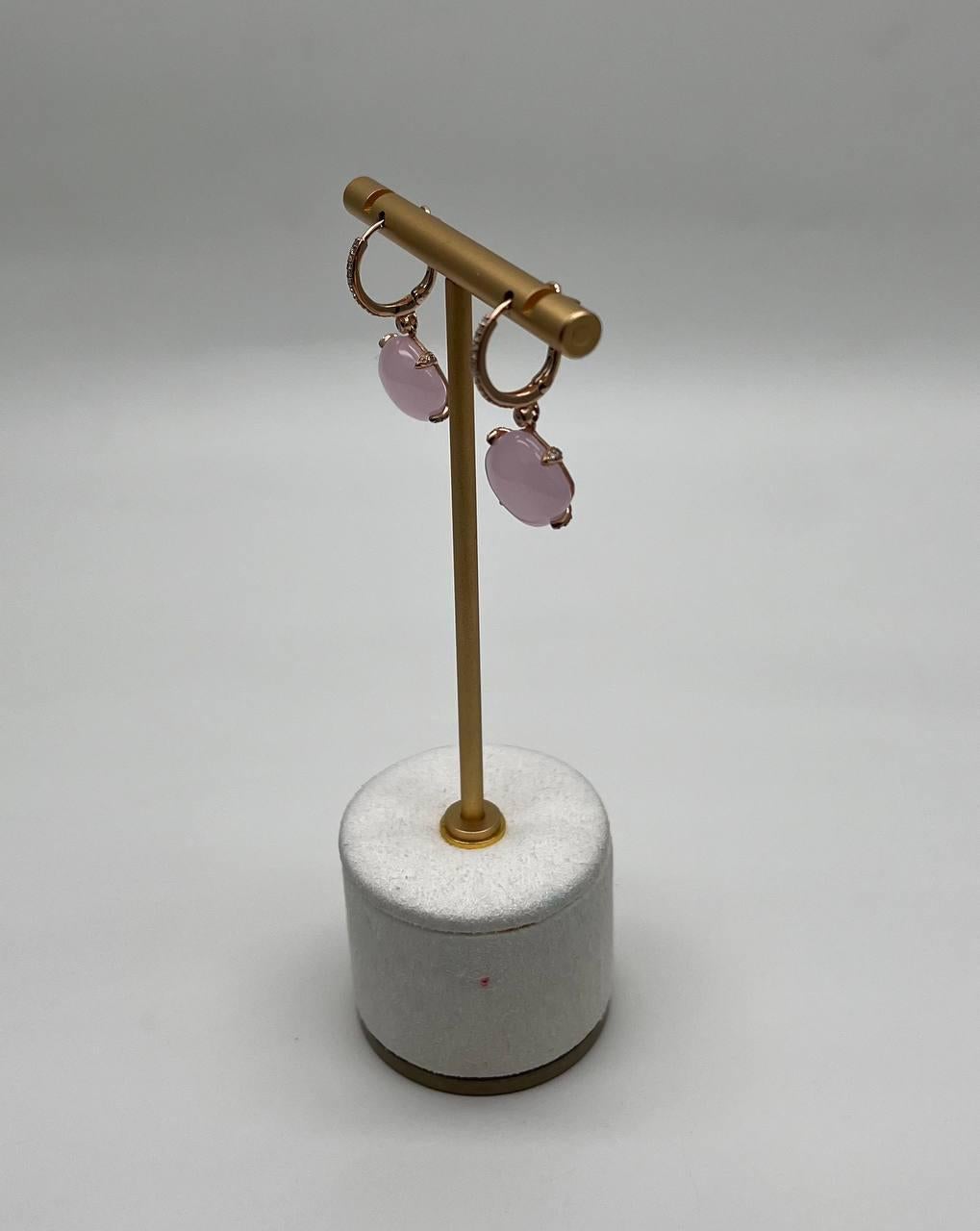 Cushion Shape Cab Pink Rose Quartz Diamond Accents 14K Yellow Gold Drop Earrings For Sale 7