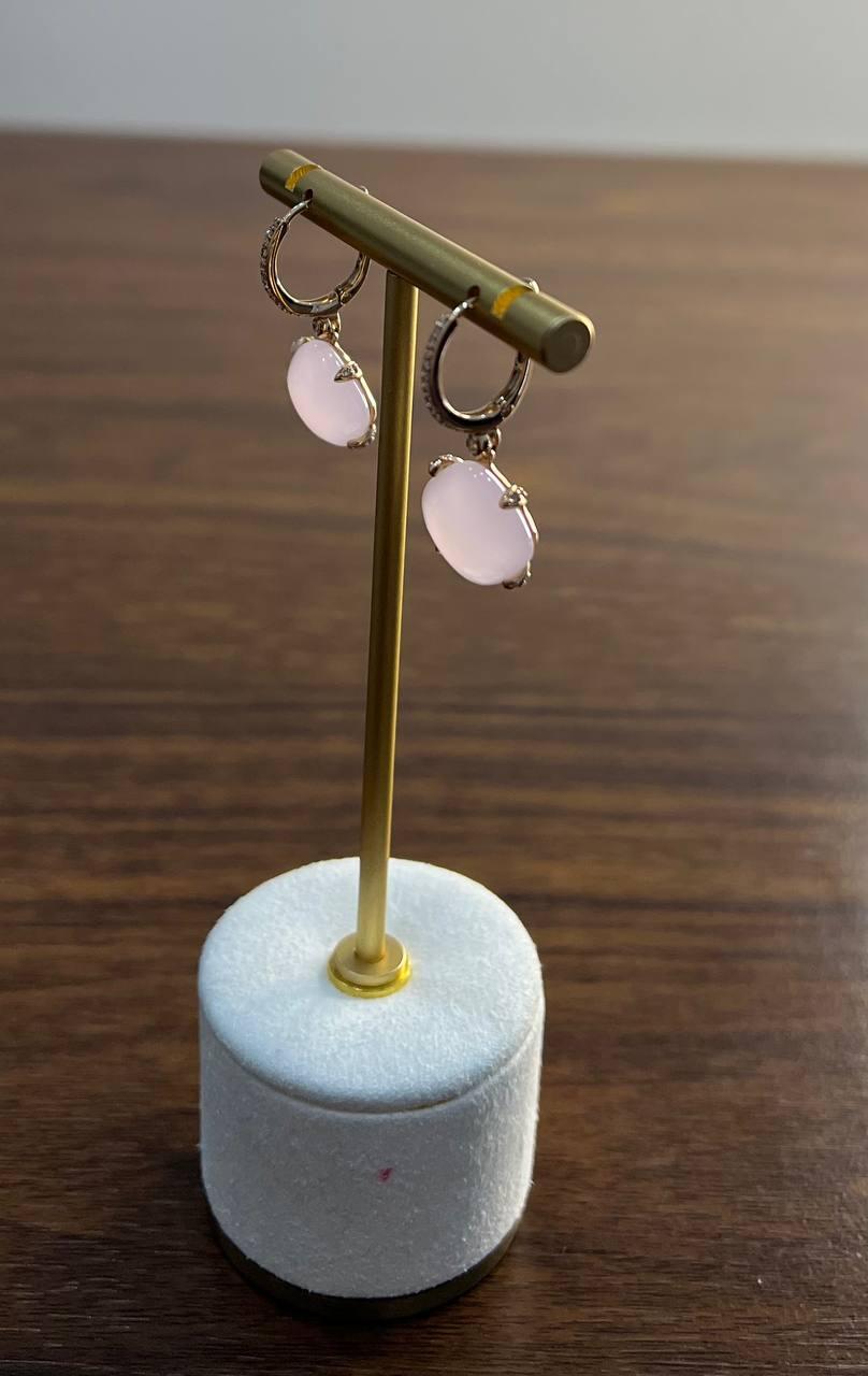 Cabochon Cushion Shape Cab Pink Rose Quartz Diamond Accents 14K Yellow Gold Drop Earrings For Sale