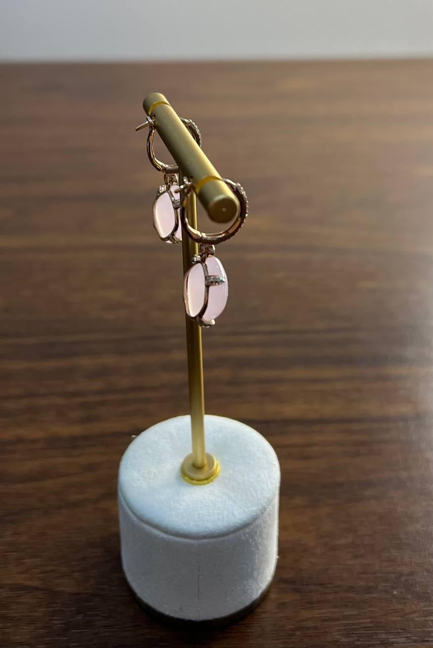 Cushion Shape Cab Pink Rose Quartz Diamond Accents 14K Yellow Gold Drop Earrings In New Condition For Sale In Oakton, VA