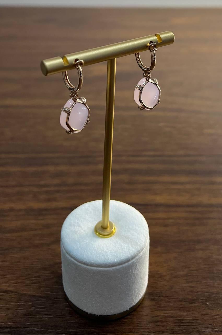 Women's Cushion Shape Cab Pink Rose Quartz Diamond Accents 14K Yellow Gold Drop Earrings For Sale