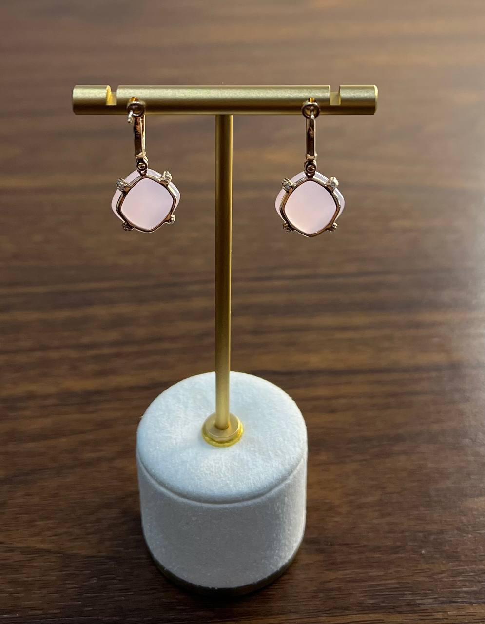 Cushion Shape Cab Pink Rose Quartz Diamond Accents 14K Yellow Gold Drop Earrings For Sale 1