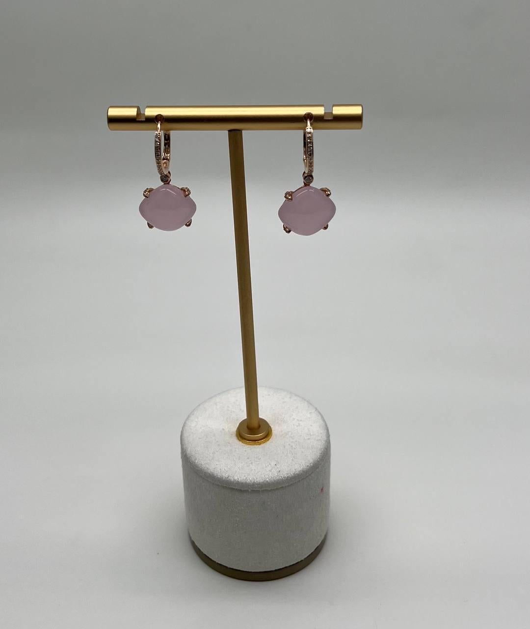 Cushion Shape Cab Pink Rose Quartz Diamond Accents 14K Yellow Gold Drop Earrings For Sale 3