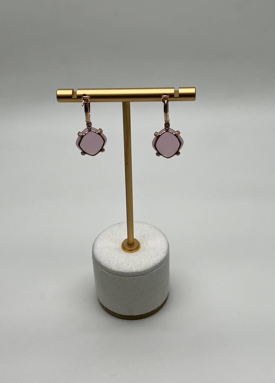 Cushion Shape Cab Pink Rose Quartz Diamond Accents 14K Yellow Gold Drop Earrings For Sale 4