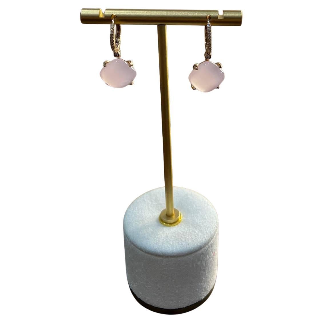 Cushion Shape Cab Pink Rose Quartz Diamond Accents 14K Yellow Gold Drop Earrings