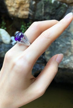 Cushion Shape Cabochon Amethyst with Diamond Ring set in 18 Karat White Gold