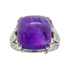 Cushion Shape Cabochon Amethyst with Diamond Ring set in 18 Karat White Gold