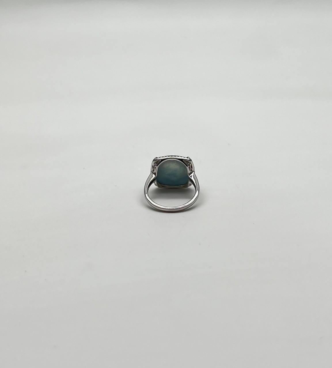 Cushion Shape Cabochon Blue Opal 14K White Gold Cocktail Diamond Halo Ring For Sale 5