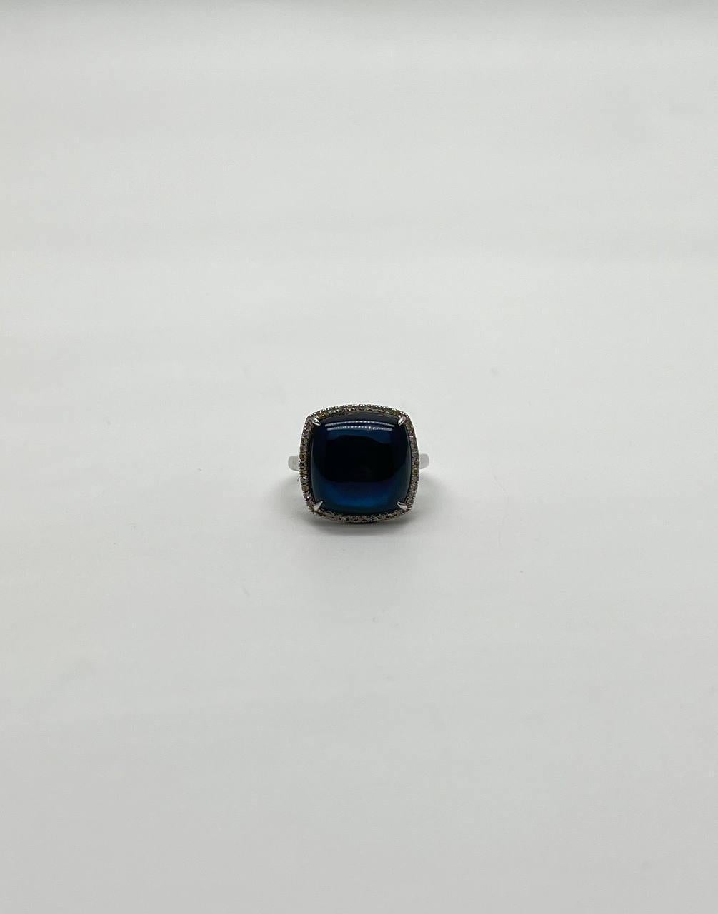 Cushion Shape Cabochon Blue Opal 14K White Gold Cocktail Diamond Halo Ring For Sale 2
