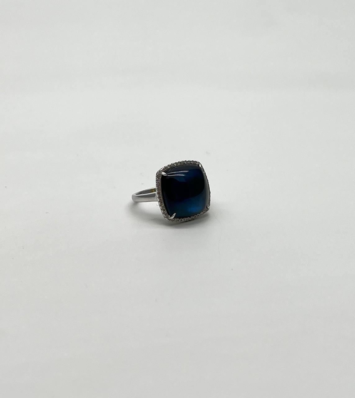 Cushion Shape Cabochon Blue Opal 14K White Gold Cocktail Diamond Halo Ring For Sale 3