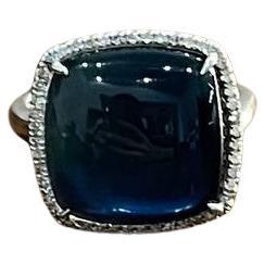 Cushion Shape Cabochon Blue Opal 14K White Gold Cocktail Diamond Halo Ring