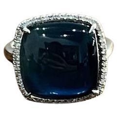 Cushion Shape Cabochon Blue Opal 14K White Gold Cocktail Diamond Halo Ring
