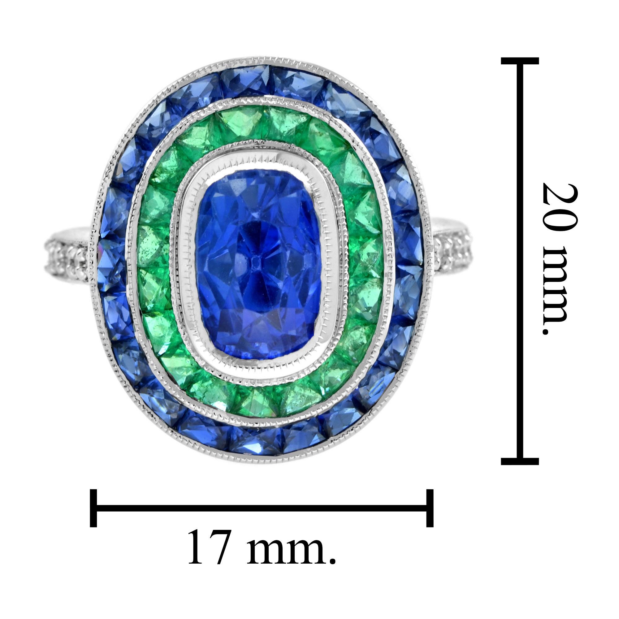 Cushion Shape Ceylon Blue Sapphire with Green Emerald & Sapphire Diamond Ring en venta 4