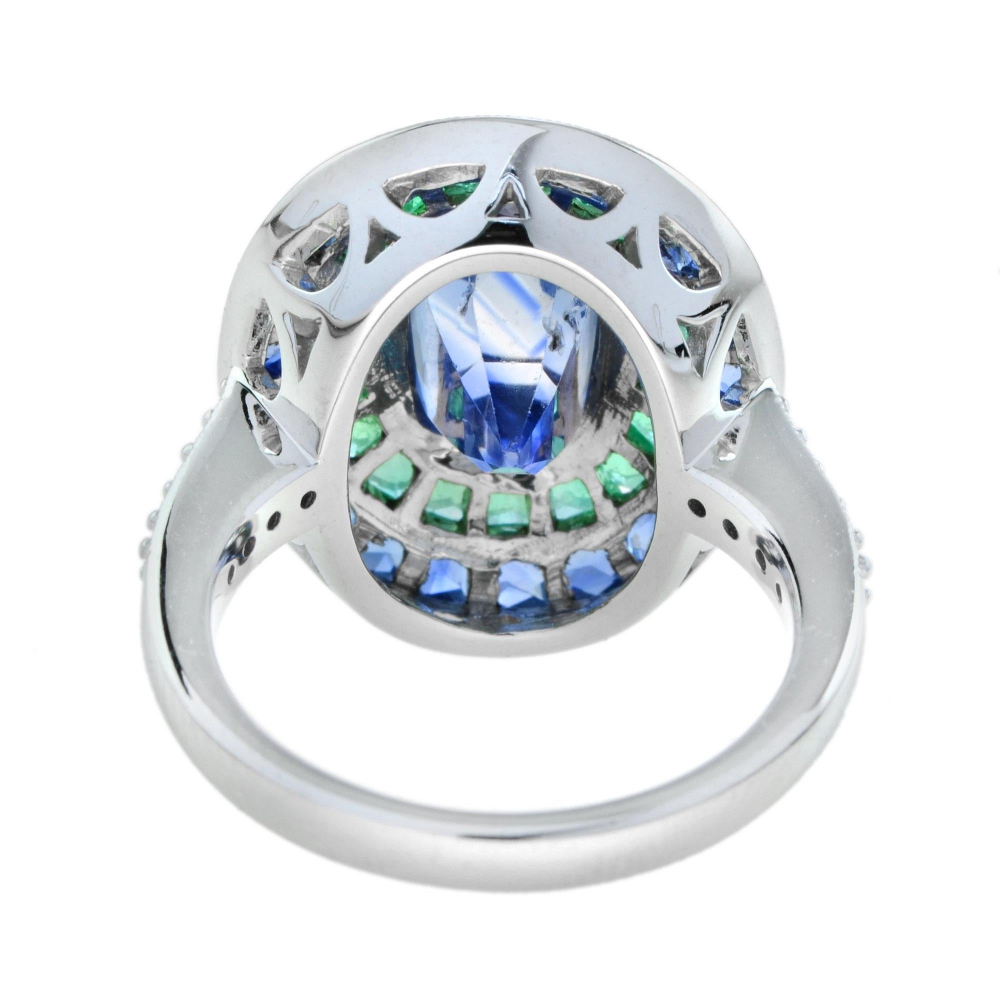 Cushion Shape Ceylon Blue Sapphire with Green Emerald & Sapphire Diamond Ring en Nuevo estado para la venta en Oakton, VA