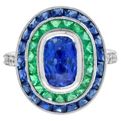 Cushion Shape Ceylon Blue Sapphire with Green Emerald & Sapphire Diamond Ring