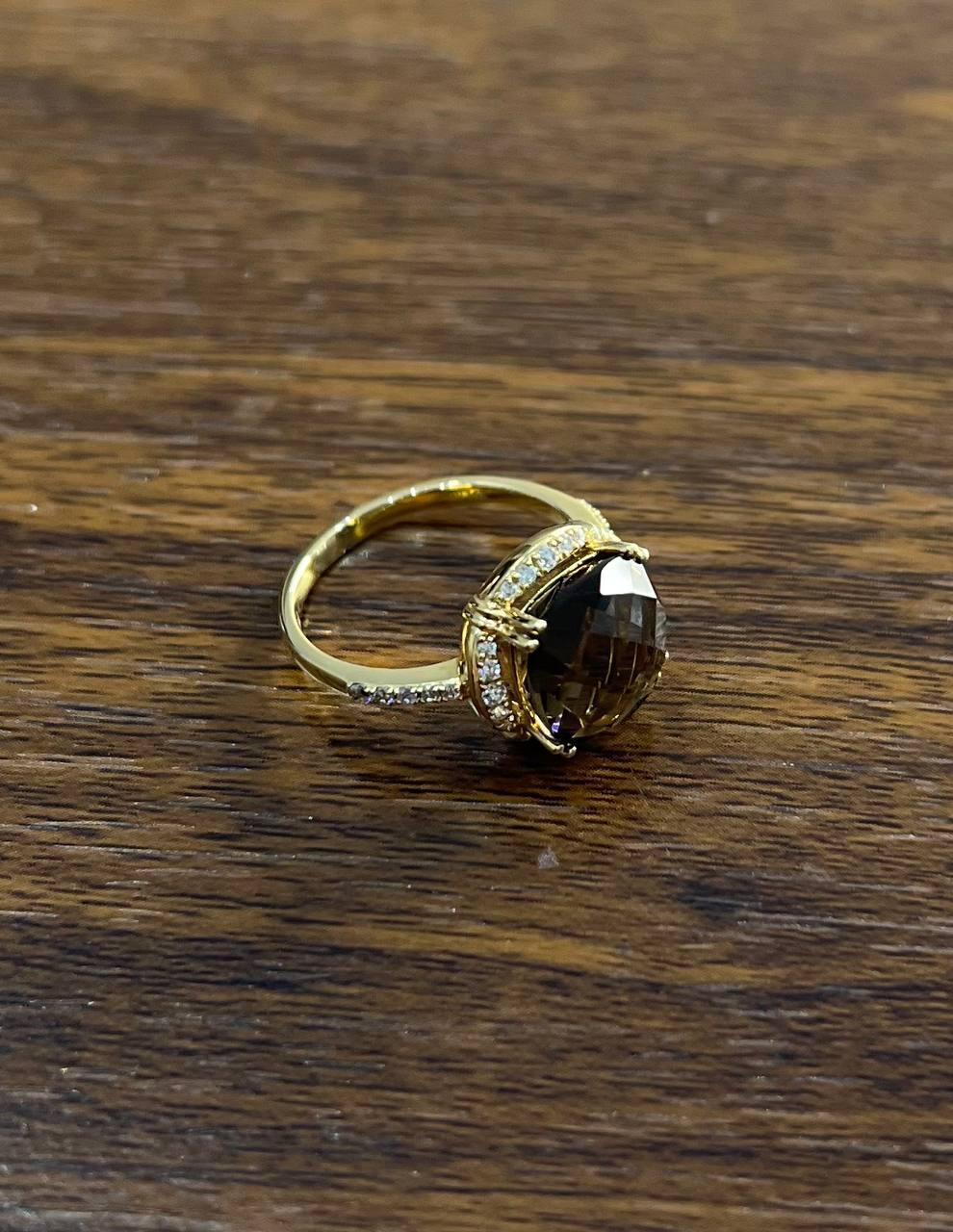Cushion Shape Checkerboard Brown Smoky Quartz 14K Yellow Gold Diamond Halo Ring For Sale 5