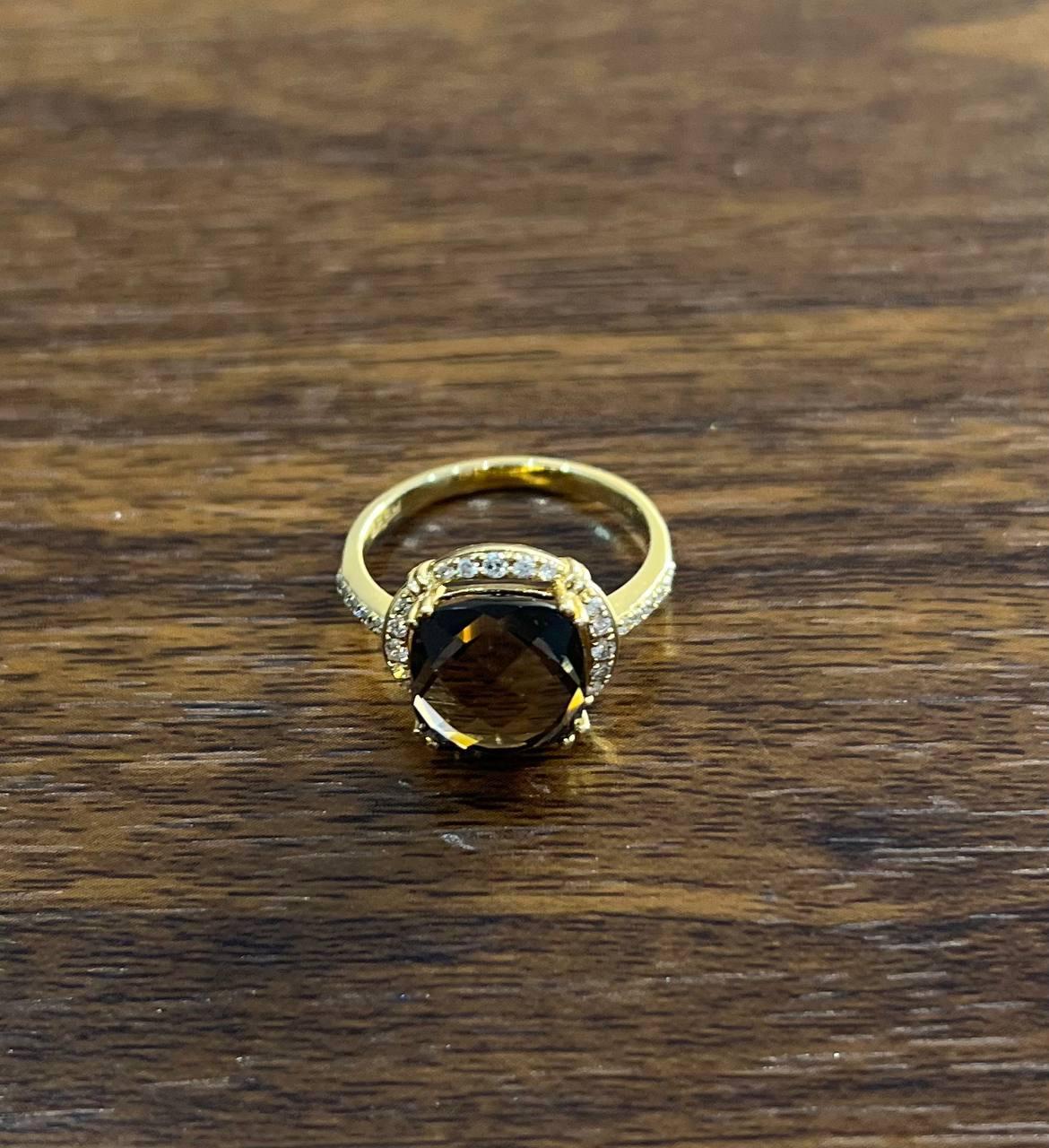 Cushion Shape Checkerboard Brown Smoky Quartz 14K Yellow Gold Diamond Halo Ring For Sale 1