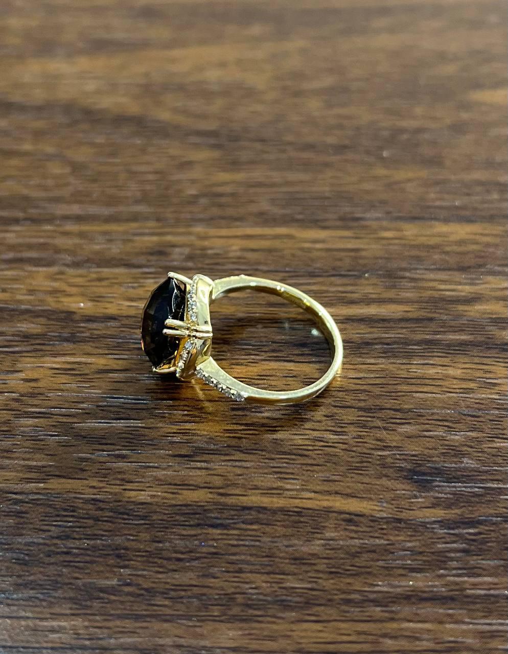 Cushion Shape Checkerboard Brown Smoky Quartz 14K Yellow Gold Diamond Halo Ring For Sale 2
