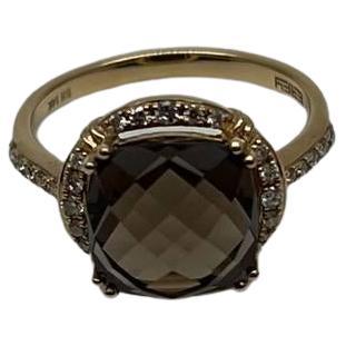 Cushion Shape Checkerboard Brown Smoky Quartz 14K Yellow Gold Diamond Halo Ring