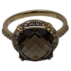 Cushion Shape Checkerboard Brown Smoky Quartz 14K Yellow Gold Diamond Halo Ring