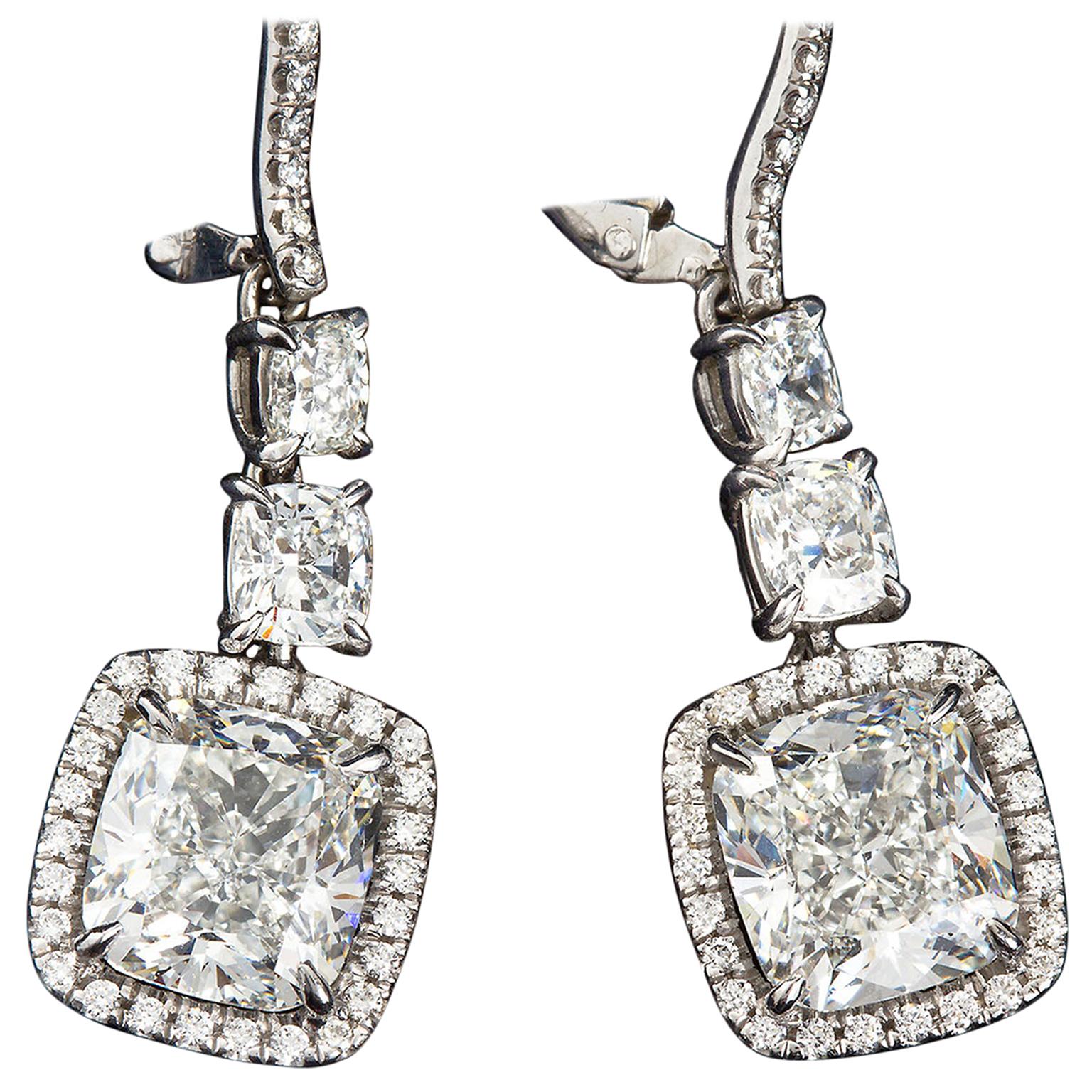 10 Carat Antique Cut Cushion Diamond Earrings in Platinum, GIA at
