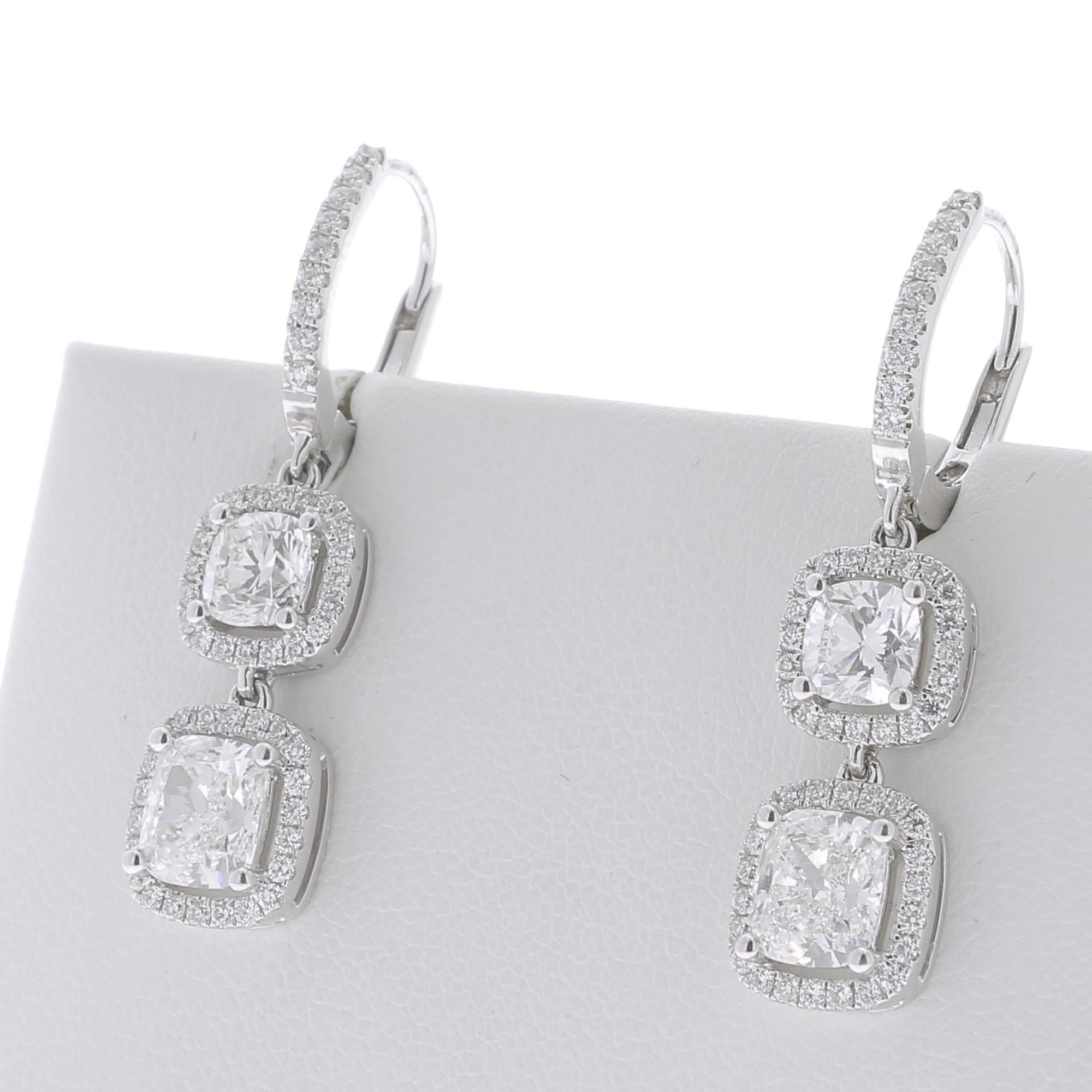 Women's or Men's GIA Certified 3.02 Carat Cushion Shape Diamond Drop Earrings 18 Karat White Gold For Sale