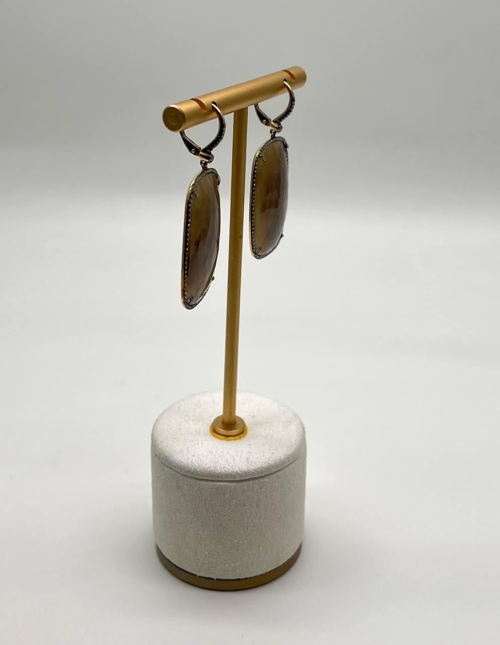 Cushion Shape Faceted Slice Brown Sapphire Diamond Halo 14K Gold Dangle Earrings In New Condition For Sale In Oakton, VA