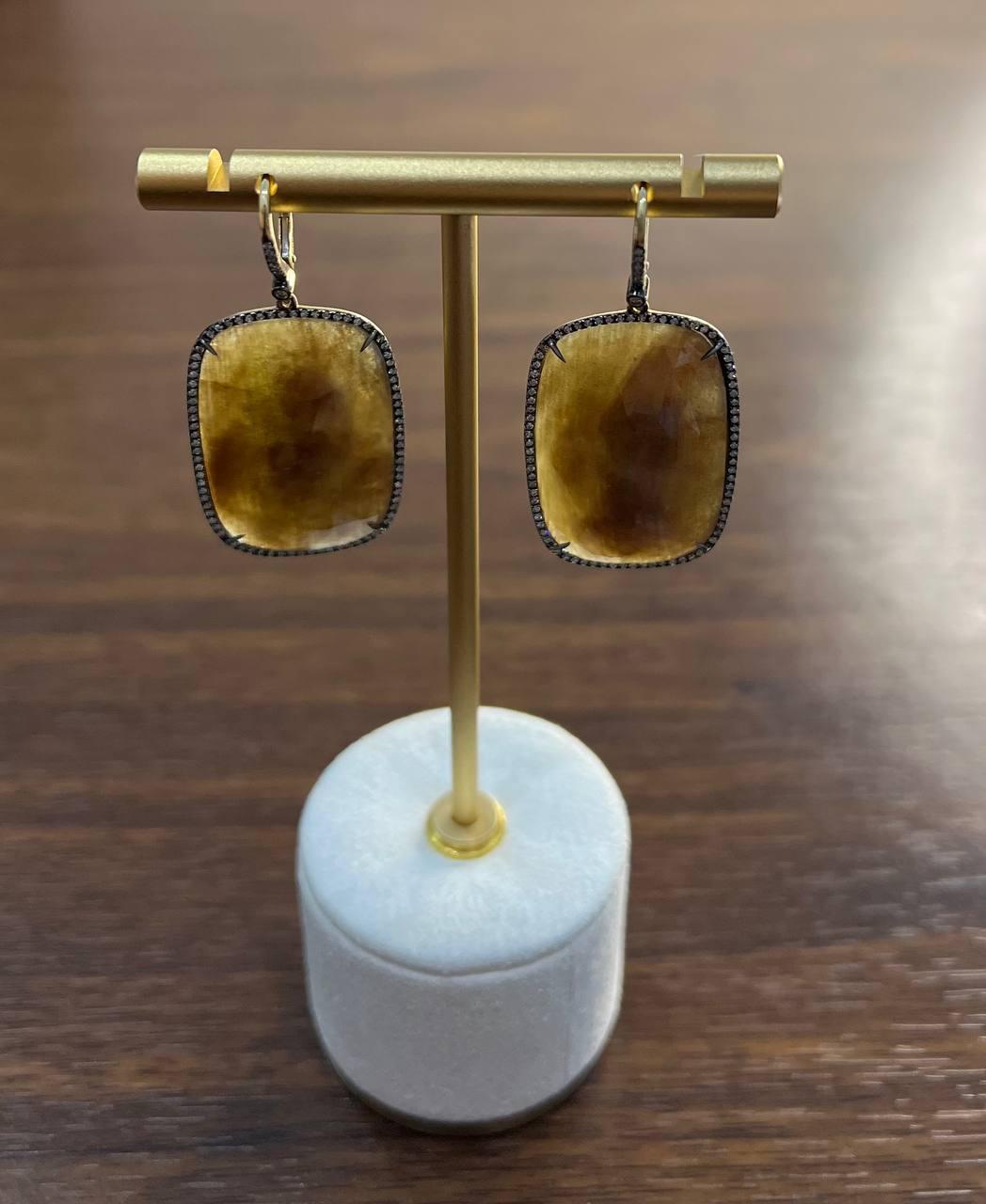 Cushion Shape Faceted Slice Brown Sapphire Diamond Halo 14K Gold Dangle Earrings For Sale 1