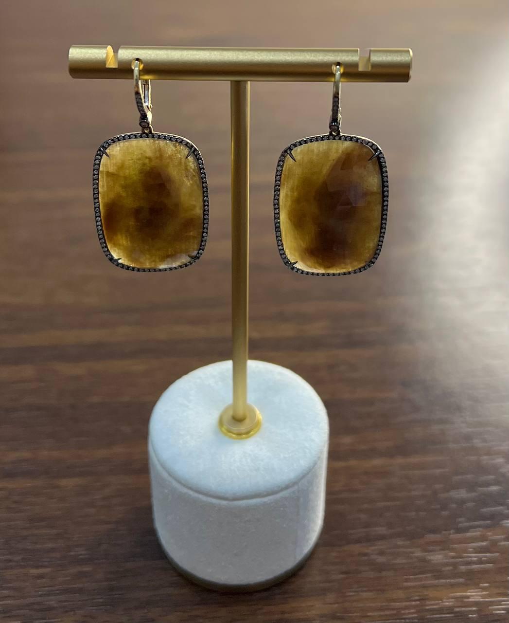 Cushion Shape Faceted Slice Brown Sapphire Diamond Halo 14K Gold Dangle Earrings For Sale 4