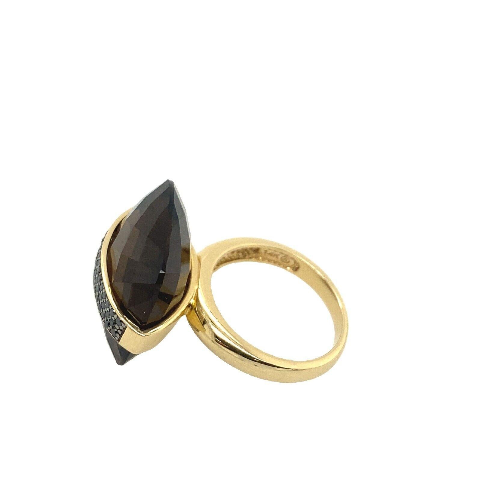 Cushion Cut Cushion Shape Facetted Smoked Quartz Ring Set in 14ct Yellow Gold&Black Diamonds For Sale