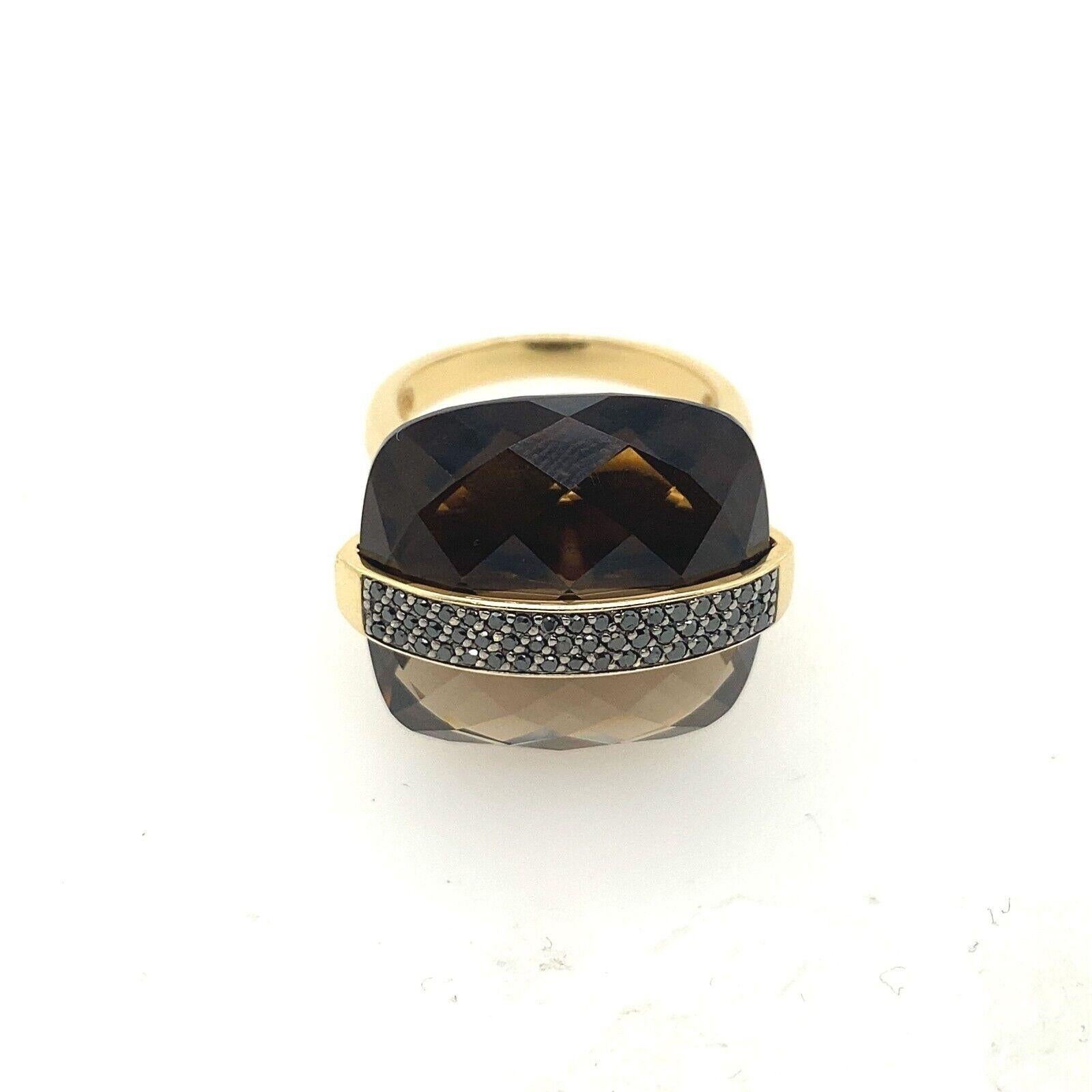 Women's Cushion Shape Facetted Smoked Quartz Ring Set in 14ct Yellow Gold&Black Diamonds For Sale