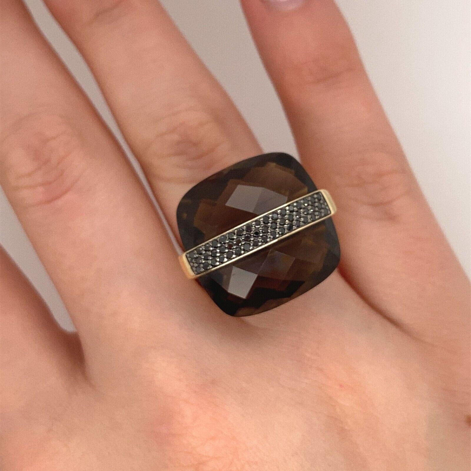 Cushion Shape Facetted Smoked Quartz Ring Set in 14ct Yellow Gold&Black Diamonds For Sale 1