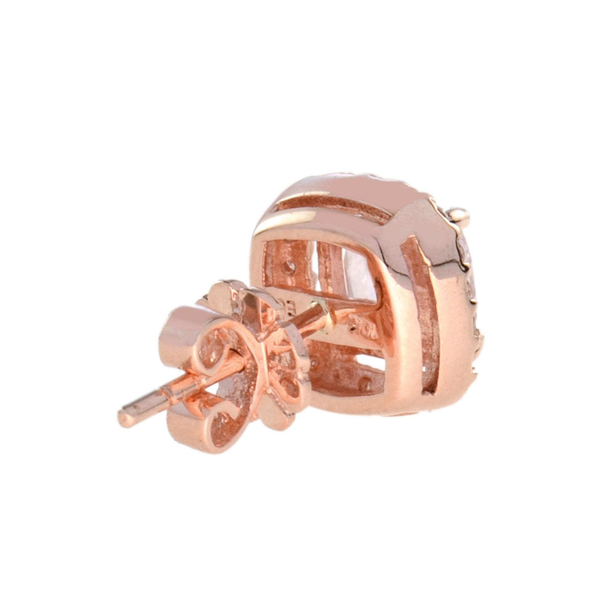Art déco Cushion Shape Morganite & Diamond Halo Set Studs 14K Rose Gold Earrings en vente