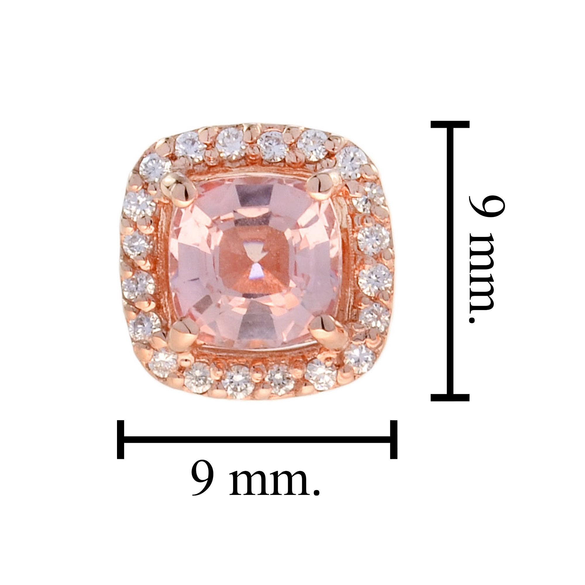 Cushion Shape Morganite & Diamond Halo Set Studs 14K Rose Gold Earrings Neuf - En vente à Oakton, VA