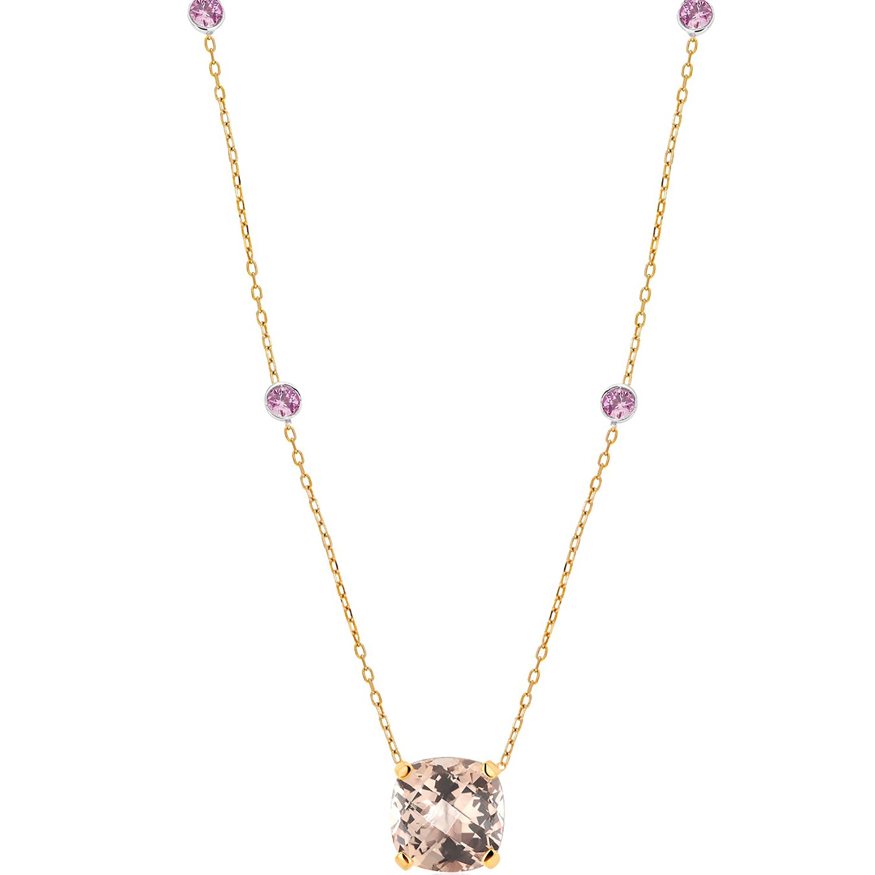 Antique Cushion Cut Cushion Shape Morganite Pink Sapphire Yellow and White Gold Pendant Necklace