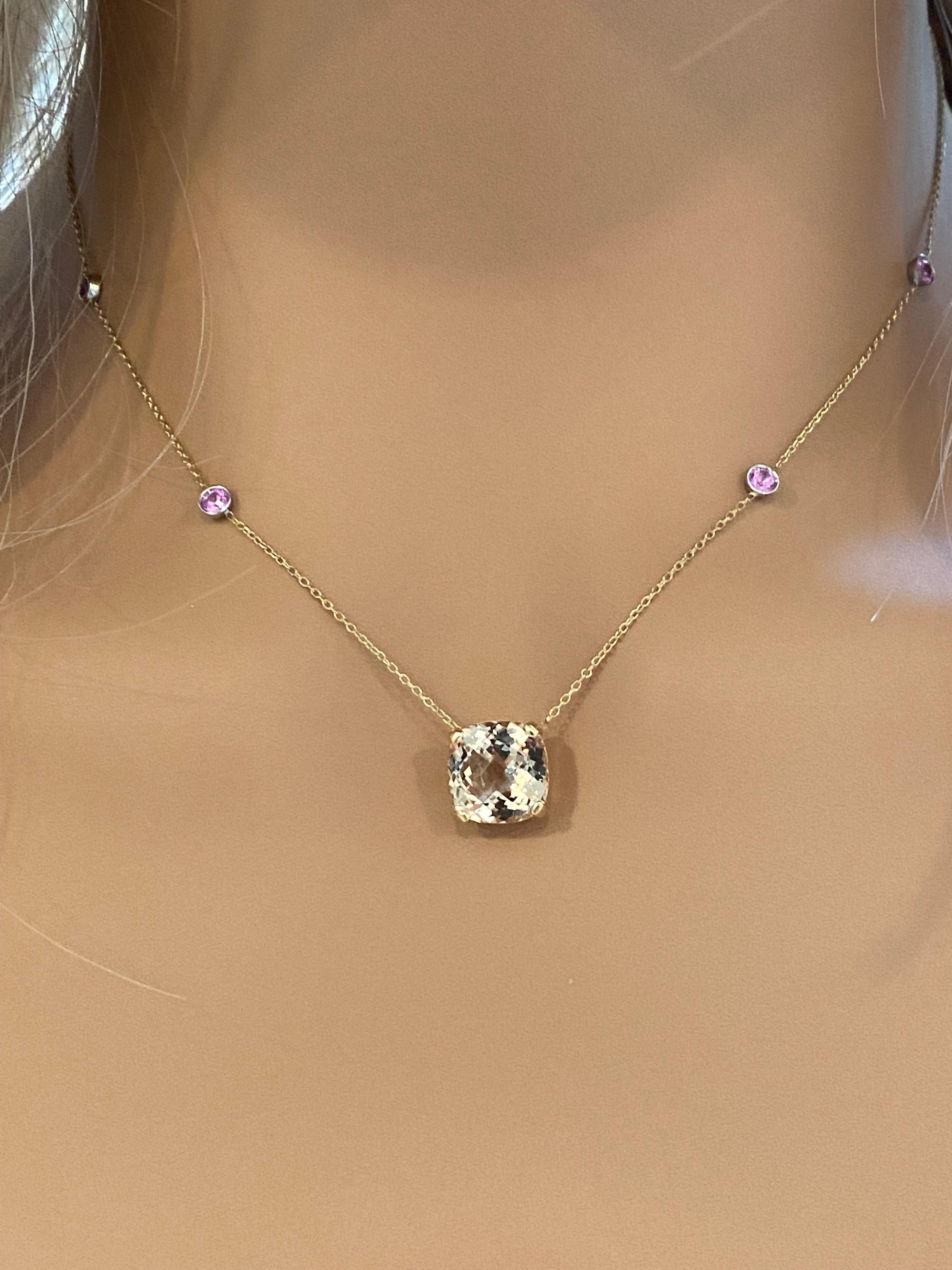 Modern Cushion Shape Morganite Pink Sapphire Yellow and White Gold Pendant Necklace