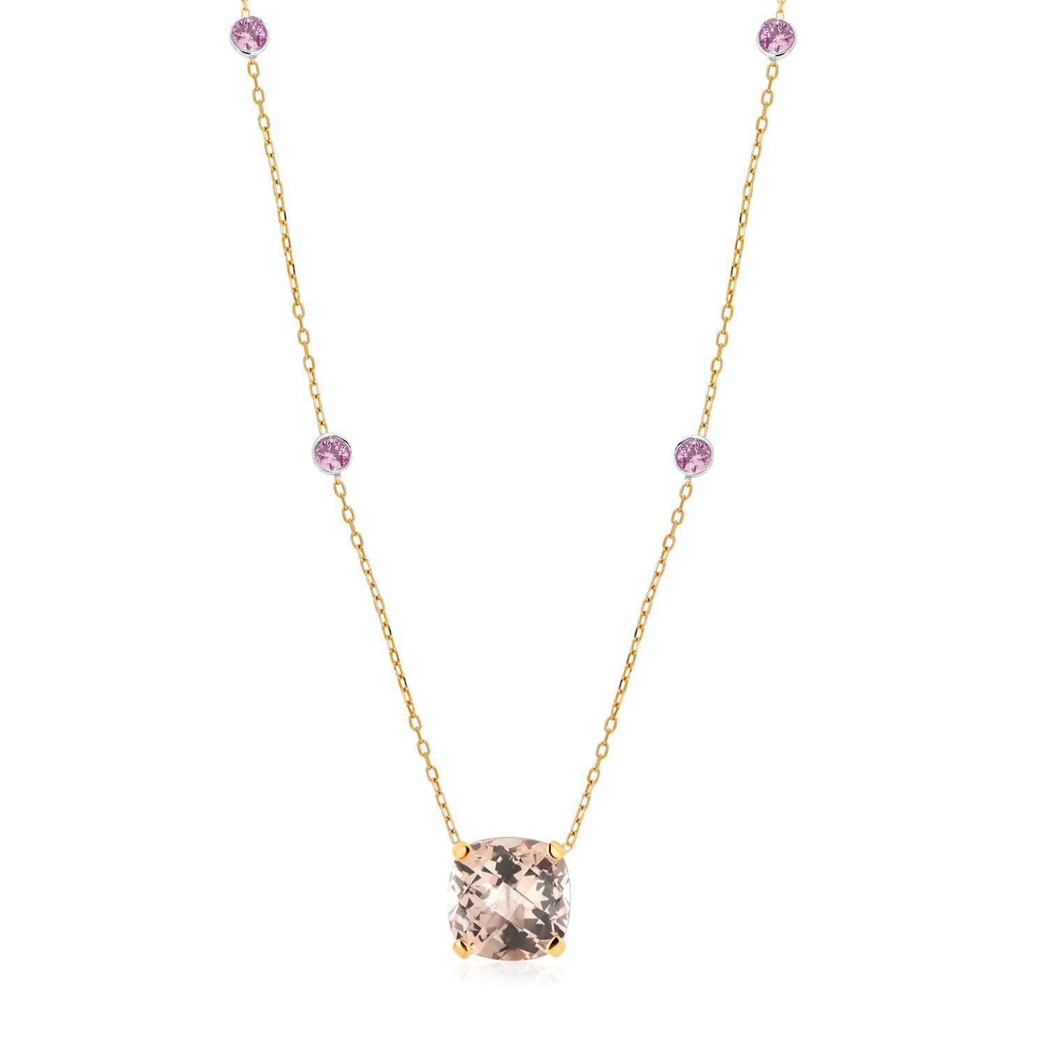 Cushion Shape Morganite Pink Sapphire Yellow and White Gold Pendant Necklace In New Condition In New York, NY